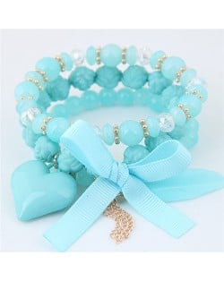 Peach Heart Bowknot and Feather Pendants Three Layers Beads Combo Fashion Bracelets - Blue