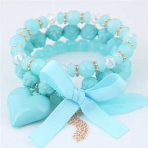 Peach Heart Bowknot and Feather Pendants Three Layers Beads Combo Fashion Bracelets - Blue