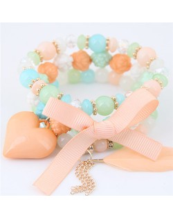 Peach Heart Bowknot and Feather Pendants Three Layers Beads Combo Fashion Bracelets - Multicolor