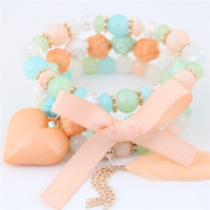Peach Heart Bowknot and Feather Pendants Three Layers Beads Combo Fashion Bracelets - Multicolor