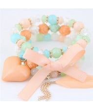 Peach Heart Bowknot and Feather Pendants Three Layers Beads Combo Fashion Bracelets - Multicolor