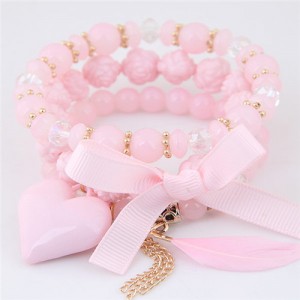 Peach Heart Bowknot and Feather Pendants Three Layers Beads Combo Fashion Bracelets - Pink