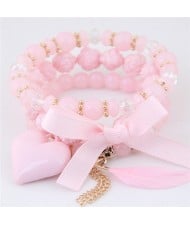 Peach Heart Bowknot and Feather Pendants Three Layers Beads Combo Fashion Bracelets - Pink
