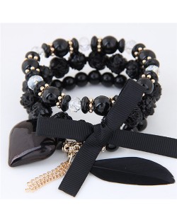 Peach Heart Bowknot and Feather Pendants Three Layers Beads Combo Fashion Bracelets - Black