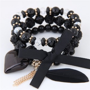 Peach Heart Bowknot and Feather Pendants Three Layers Beads Combo Fashion Bracelets - Black