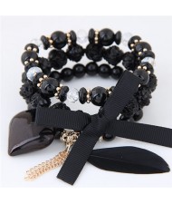 Peach Heart Bowknot and Feather Pendants Three Layers Beads Combo Fashion Bracelets - Black