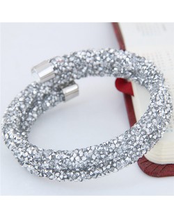 High Fashion Rhinestone Dust Attached Shining Dual Layer Bangle - Silver
