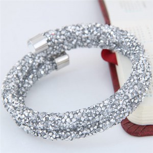 High Fashion Rhinestone Dust Attached Shining Dual Layer Bangle - Silver