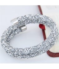 High Fashion Rhinestone Dust Attached Shining Dual Layer Bangle - Silver