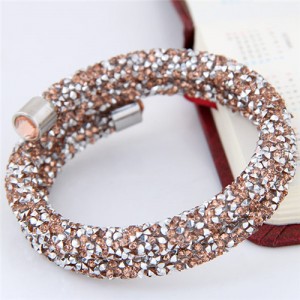 High Fashion Rhinestone Dust Attached Shining Dual Layer Bangle - Light Brown