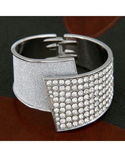 Czech Rhinestone Inlaid Luxurious Dull Polish Style Open-end Fashion Bangle - Silver