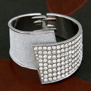 Czech Rhinestone Inlaid Luxurious Dull Polish Style Open-end Fashion Bangle - Silver