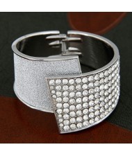 Czech Rhinestone Inlaid Luxurious Dull Polish Style Open-end Fashion Bangle - Silver