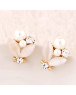 Korean Fashion Sweet Opal Leaf Pearl Ear Studs