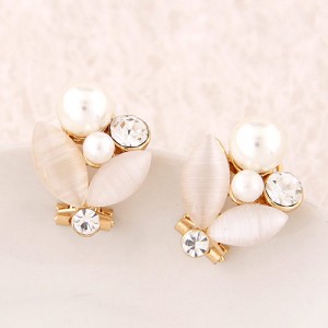 Korean Fashion Sweet Opal Leaf Pearl Ear Studs