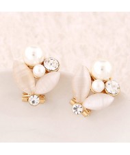 Korean Fashion Sweet Opal Leaf Pearl Ear Studs