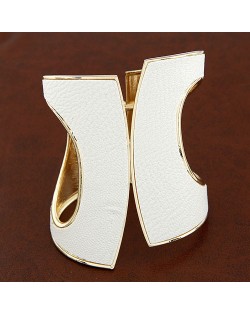 Hollow Style High Fashion Fan-shape Design Leather Texture Wide Golden Costume Bangle - White