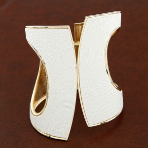 Hollow Style High Fashion Fan-shape Design Leather Texture Wide Golden Costume Bangle - White