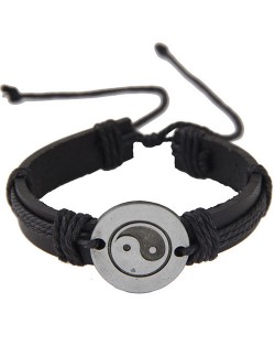 Tai Ji Engraved Pendant Rope Weaving Leather Fashion Bracelet - Black