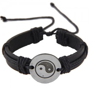 Tai Ji Engraved Pendant Rope Weaving Leather Fashion Bracelet - Black