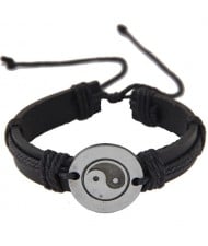 Tai Ji Engraved Pendant Rope Weaving Leather Fashion Bracelet - Black