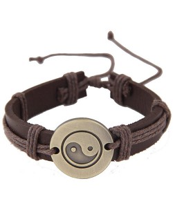 Tai Ji Pattern Engraved Pendant Rope Weaving Leather Fashion Bracelet - Brown