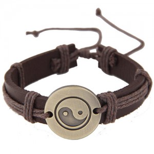 Tai Ji Pattern Engraved Pendant Rope Weaving Leather Fashion Bracelet - Brown