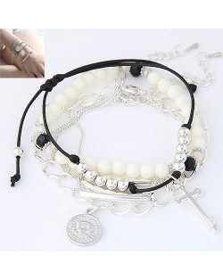 Cross and Coin Assorted Pendants Beads and Rope Weaving Multi-layer Design Fashion Bracelet - Silver