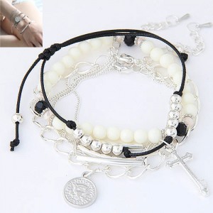 Cross and Coin Assorted Pendants Beads and Rope Weaving Multi-layer Design Fashion Bracelet - Silver