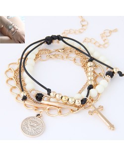 Cross and Coin Assorted Pendants Beads and Rope Weaving Multi-layer Design Fashion Bracelet - Golden