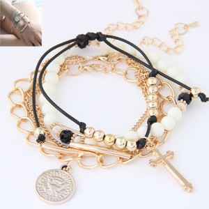 Cross and Coin Assorted Pendants Beads and Rope Weaving Multi-layer Design Fashion Bracelet - Golden