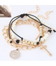Cross and Coin Assorted Pendants Beads and Rope Weaving Multi-layer Design Fashion Bracelet - Golden