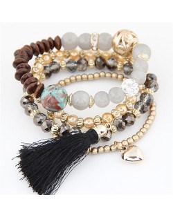 Assorted Beads Combo with Threads Tassel and Alloy Heart Pendants Four Layers High Fashion Bracelet - Black