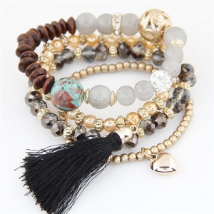 Assorted Beads Combo with Threads Tassel and Alloy Heart Pendants Four Layers High Fashion Bracelet - Black