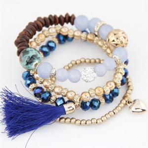Assorted Beads Combo with Threads Tassel and Alloy Heart Pendants Four Layers High Fashion Bracelet - Blue