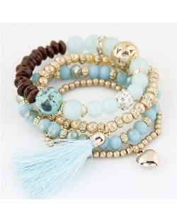 Assorted Beads Combo with Threads Tassel and Alloy Heart Pendants Four Layers High Fashion Bracelet - Teal