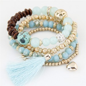 Assorted Beads Combo with Threads Tassel and Alloy Heart Pendants Four Layers High Fashion Bracelet - Teal