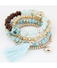 Assorted Beads Combo with Threads Tassel and Alloy Heart Pendants Four Layers High Fashion Bracelet - Teal