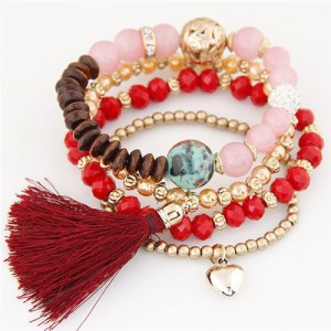 Assorted Beads Combo with Threads Tassel and Alloy Heart Pendants Four Layers High Fashion Bracelet - Red