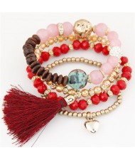 Assorted Beads Combo with Threads Tassel and Alloy Heart Pendants Four Layers High Fashion Bracelet - Red