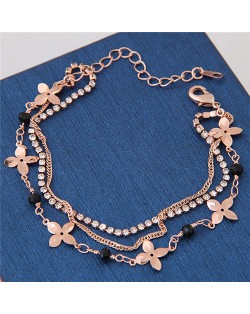Rhinestone Embellished Clover and Beads Triple Layers Graceful Fashion Bracelet