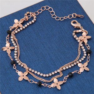 Rhinestone Embellished Clover and Beads Triple Layers Graceful Fashion Bracelet