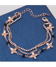 Rhinestone Embellished Clover and Beads Triple Layers Graceful Fashion Bracelet