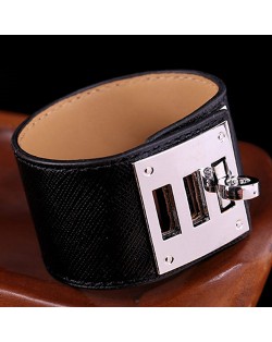 Bold Punk Style Alloy Decoration Design Wide Leather Bracelet - Black