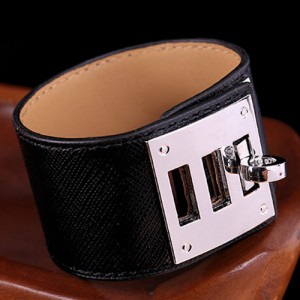 Bold Punk Style Alloy Decoration Design Wide Leather Bracelet - Black