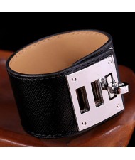 Bold Punk Style Alloy Decoration Design Wide Leather Bracelet - Black