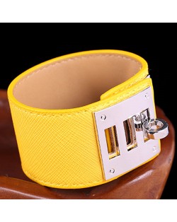 Bold Punk Style Alloy Decoration Design Wide Leather Bracelet - Yellow