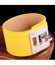 Bold Punk Style Alloy Decoration Design Wide Leather Bracelet - Yellow