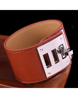 Bold Punk Style Alloy Decoration Design Wide Leather Bracelet - Brown