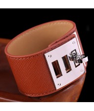 Bold Punk Style Alloy Decoration Design Wide Leather Bracelet - Brown